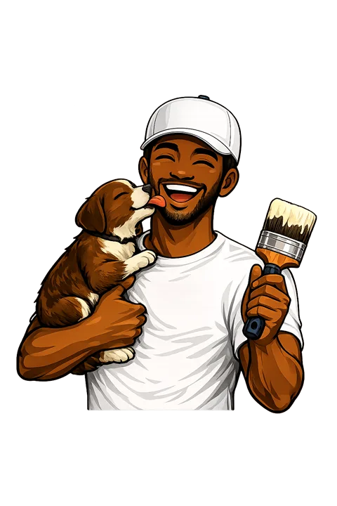 One Touch painter mascot holding a puppy