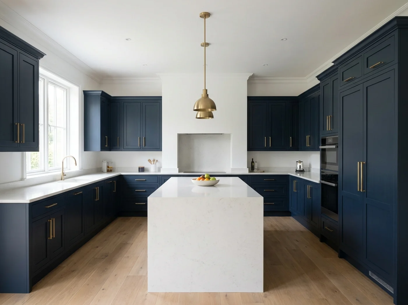 Kitchen with freshly painted navy shaker cabinets and brass hardware